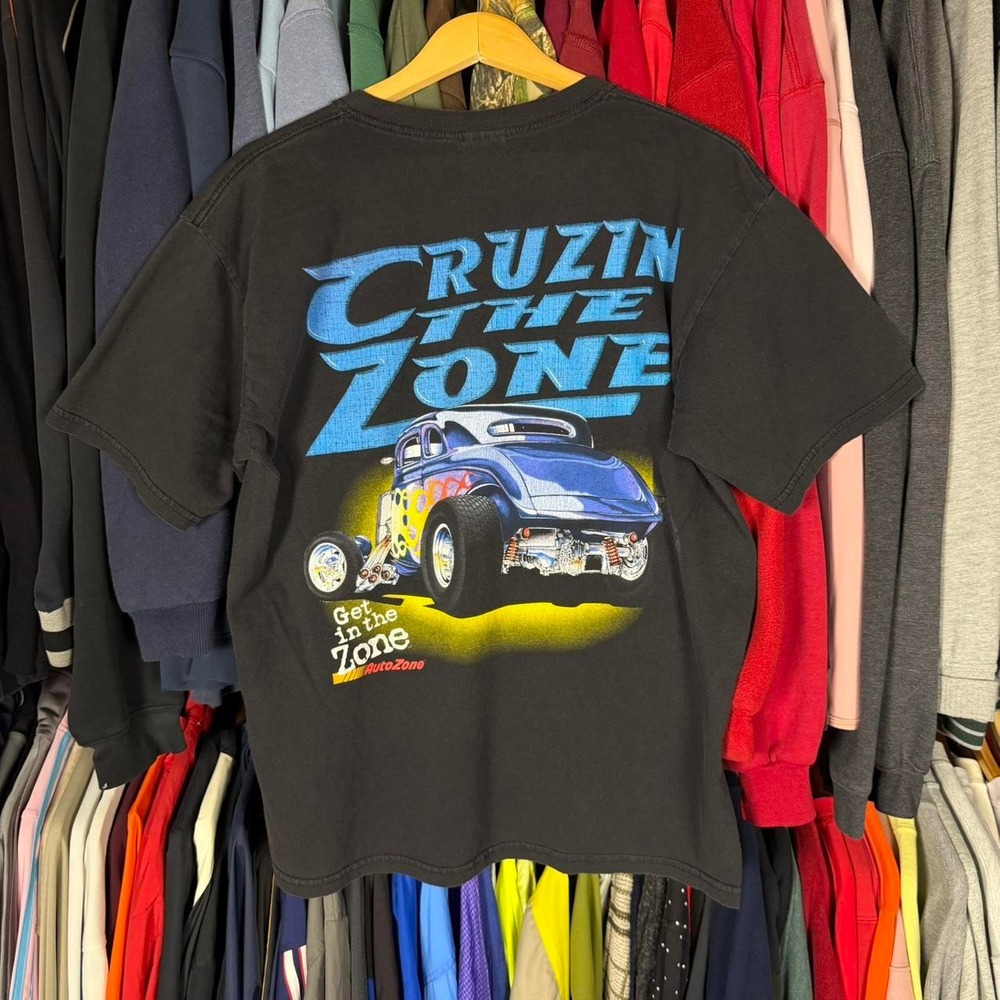Vintage AutoZone Shirt Men's Large Black Hot Rod Cruzin The Zone Racecar Promo